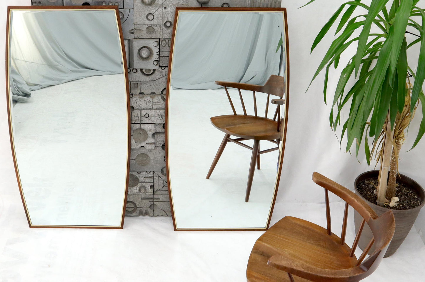 EstablishedLines Pair of Walnut & Brass Boat Shape Mirrors Atr. to Paul McCobb