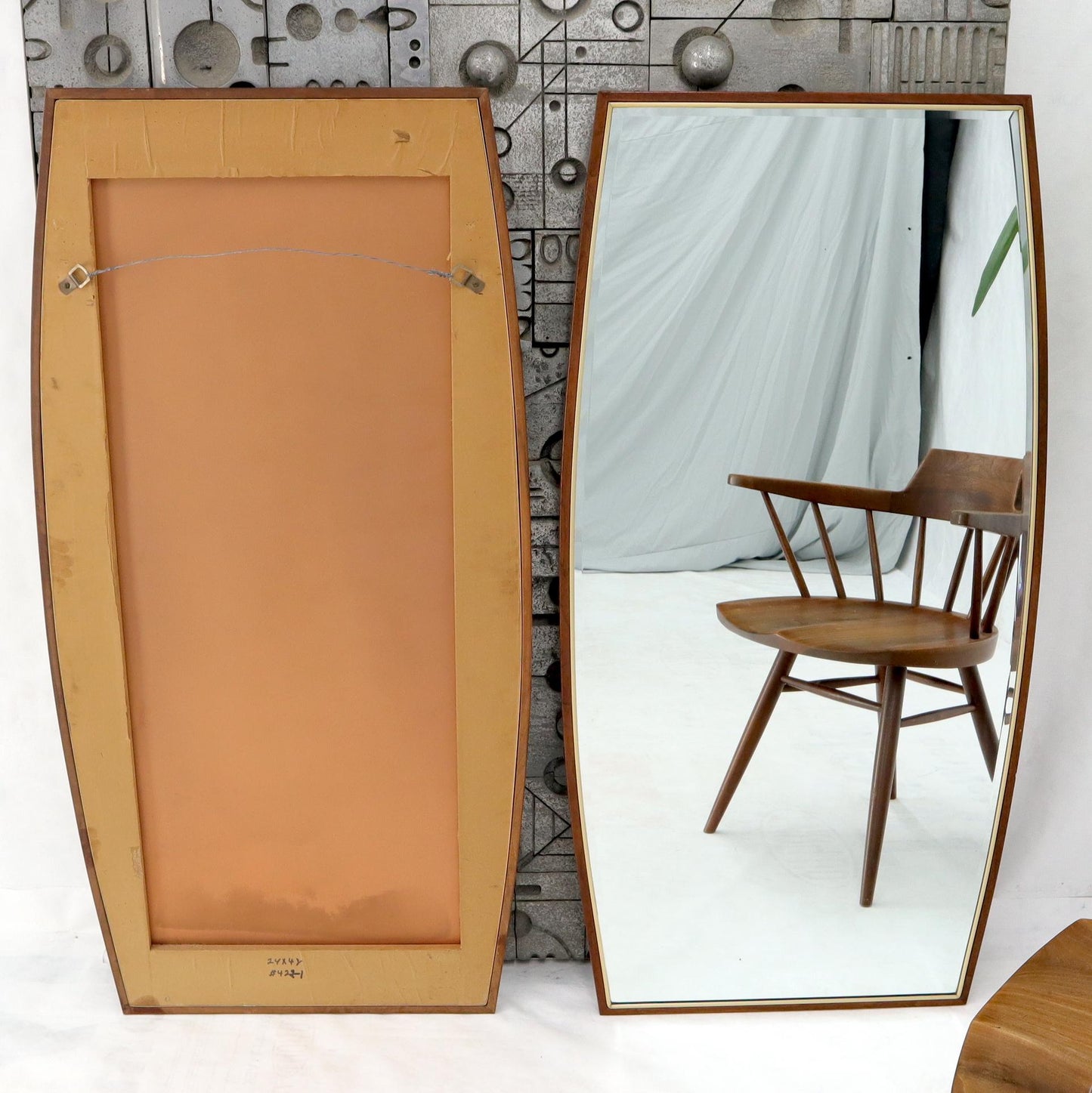 EstablishedLines Pair of Walnut & Brass Boat Shape Mirrors Atr. to Paul McCobb