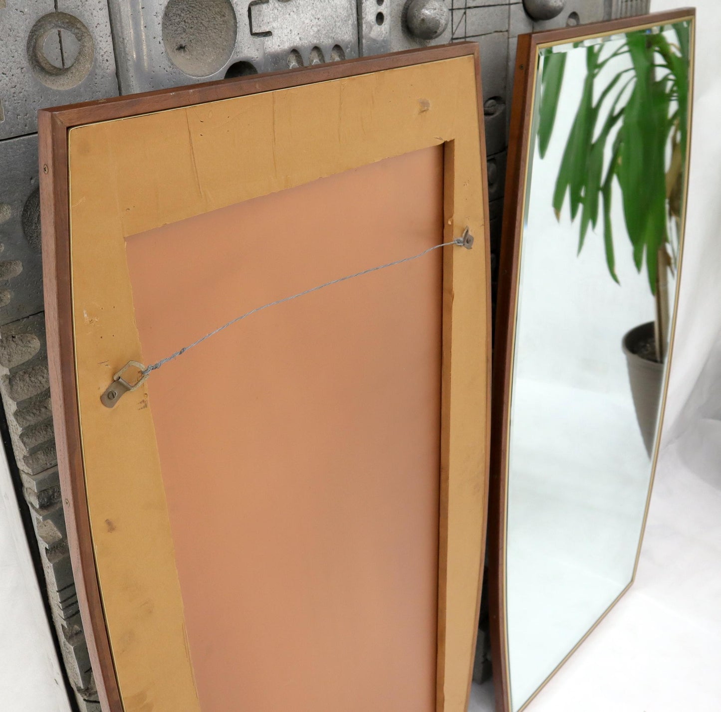 EstablishedLines Pair of Walnut & Brass Boat Shape Mirrors Atr. to Paul McCobb