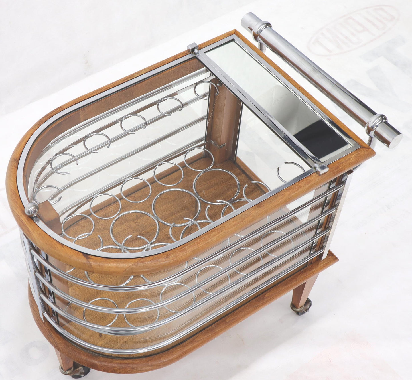 EstablishedLines Art Deco Wood Chrome and Glass Serving Cart Bar on Wheels