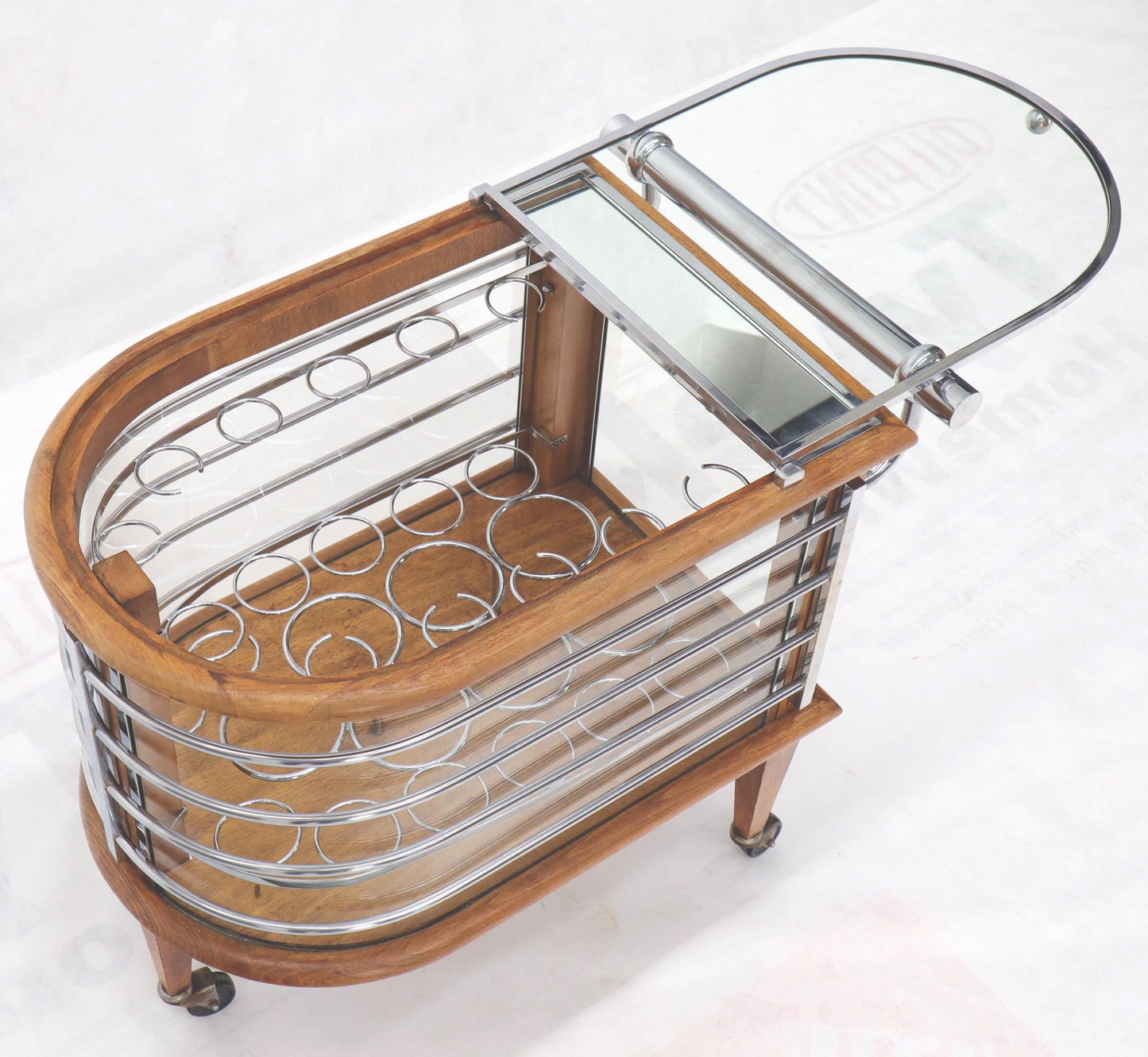 EstablishedLines Art Deco Wood Chrome and Glass Serving Cart Bar on Wheels