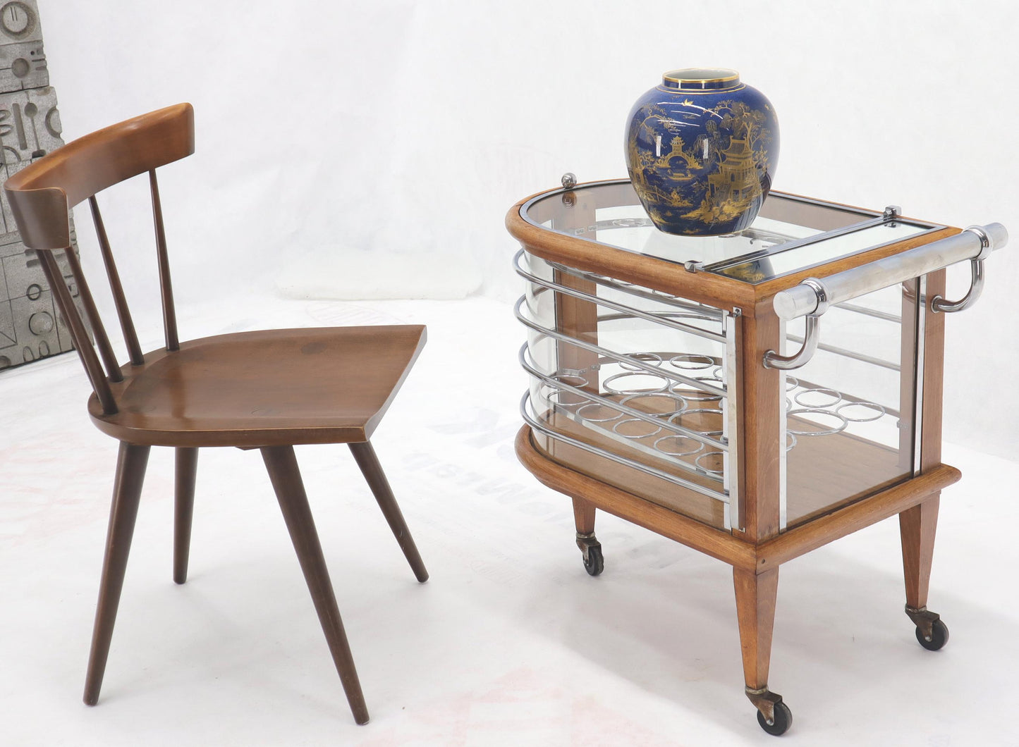 EstablishedLines Art Deco Wood Chrome and Glass Serving Cart Bar on Wheels