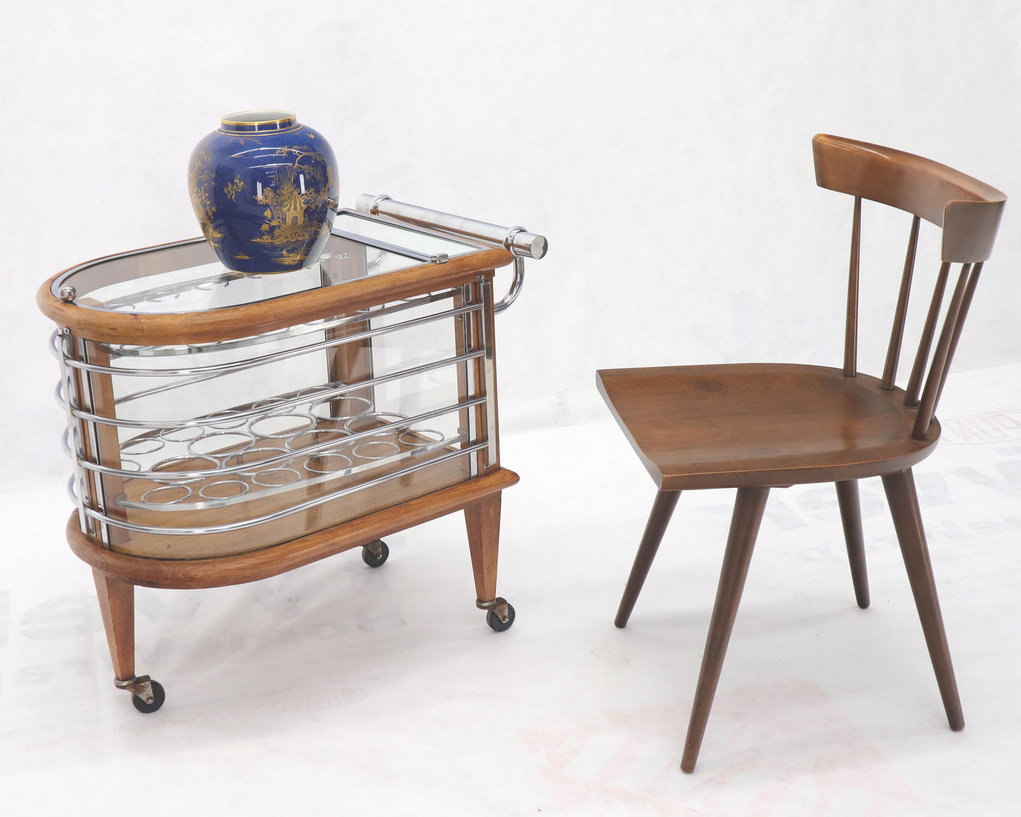 EstablishedLines Art Deco Wood Chrome and Glass Serving Cart Bar on Wheels