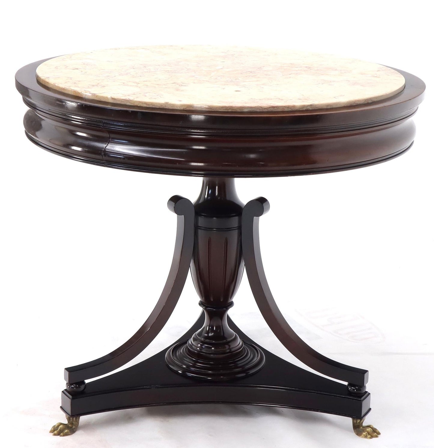 EstablishedLines Mahogany Cup Shape Base Pink Marble Top Brass Claw Feet Center Table Gueridon