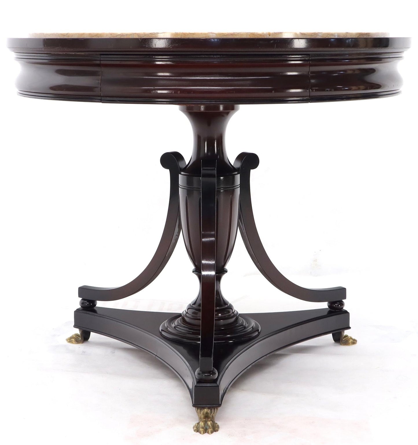 EstablishedLines Mahogany Cup Shape Base Pink Marble Top Brass Claw Feet Center Table Gueridon