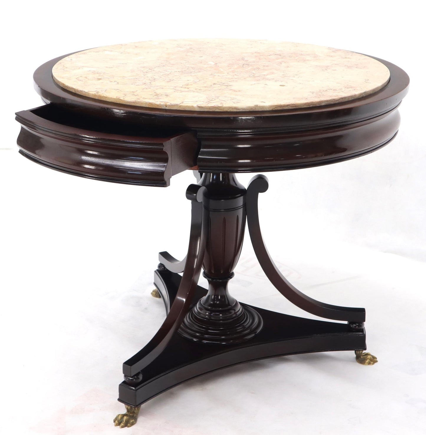 EstablishedLines Mahogany Cup Shape Base Pink Marble Top Brass Claw Feet Center Table Gueridon