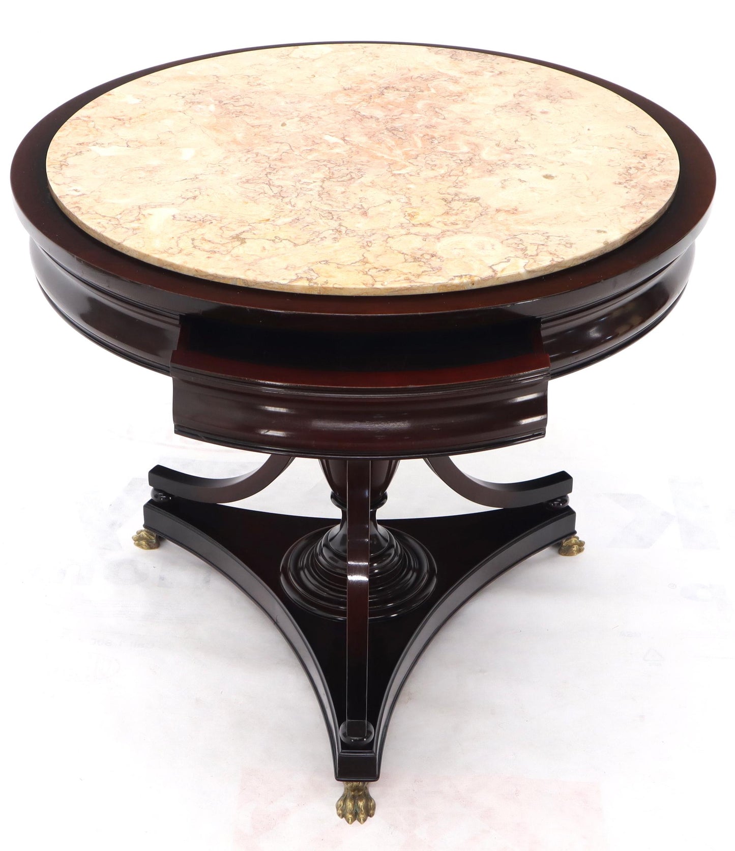 EstablishedLines Mahogany Cup Shape Base Pink Marble Top Brass Claw Feet Center Table Gueridon