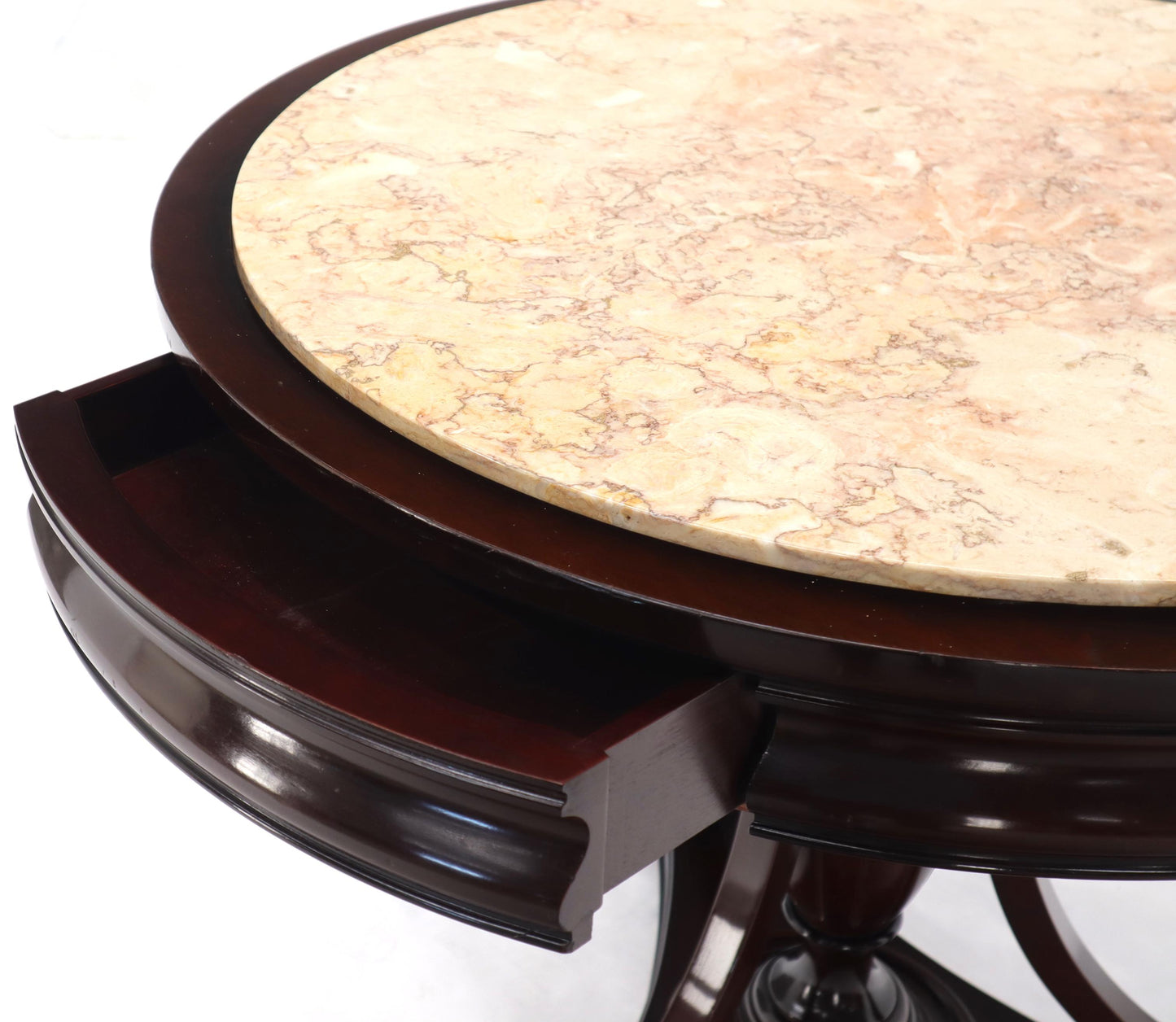 EstablishedLines Mahogany Cup Shape Base Pink Marble Top Brass Claw Feet Center Table Gueridon