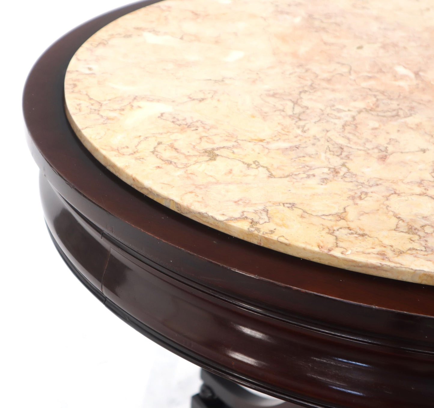 EstablishedLines Mahogany Cup Shape Base Pink Marble Top Brass Claw Feet Center Table Gueridon