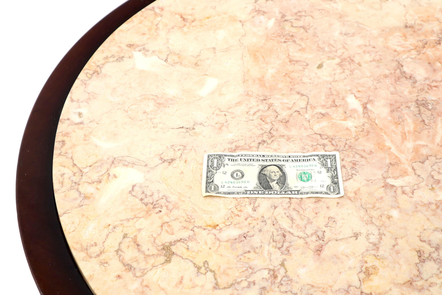 EstablishedLines Mahogany Cup Shape Base Pink Marble Top Brass Claw Feet Center Table Gueridon