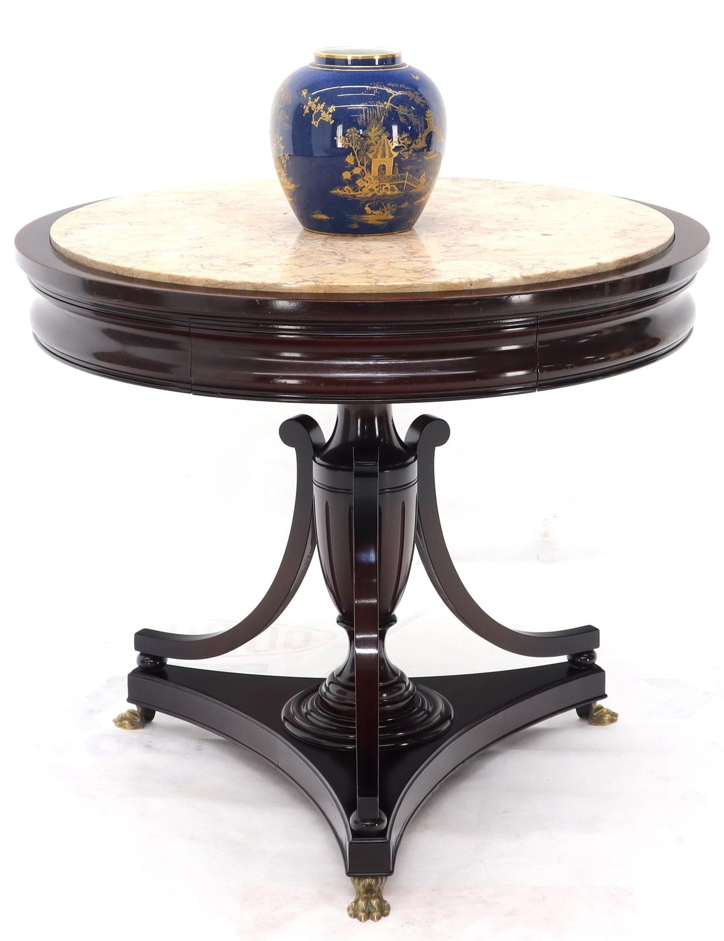 EstablishedLines Mahogany Cup Shape Base Pink Marble Top Brass Claw Feet Center Table Gueridon