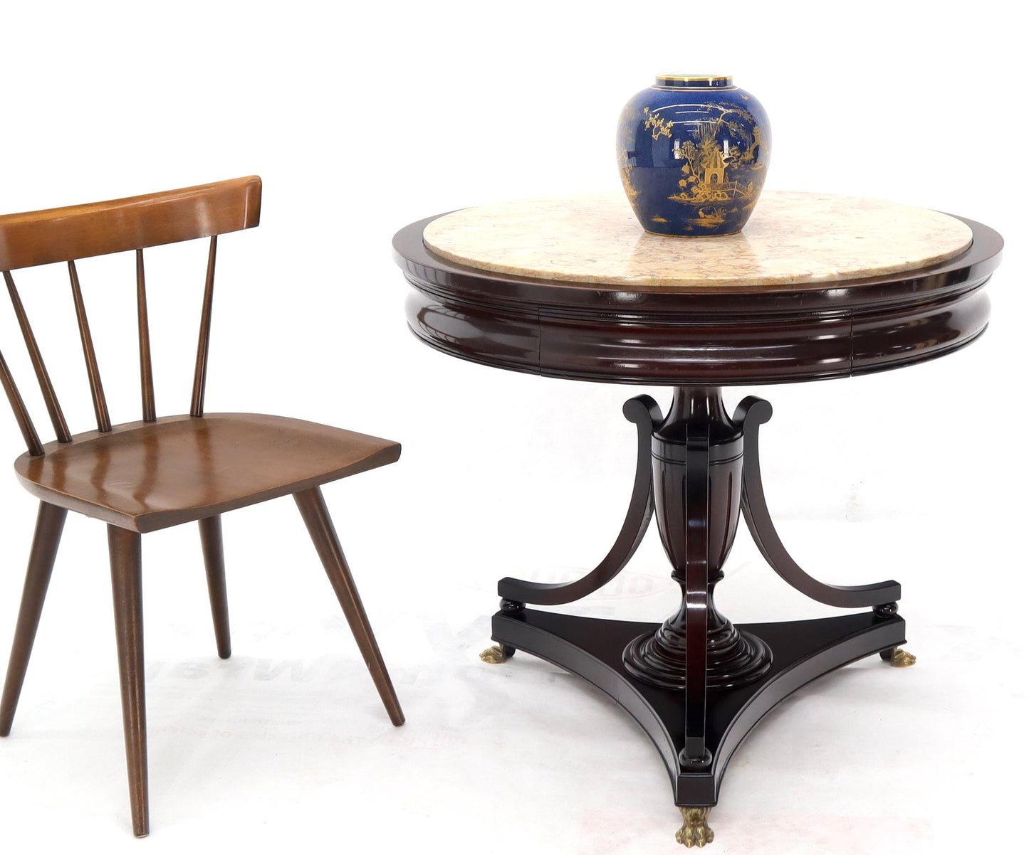 EstablishedLines Mahogany Cup Shape Base Pink Marble Top Brass Claw Feet Center Table Gueridon