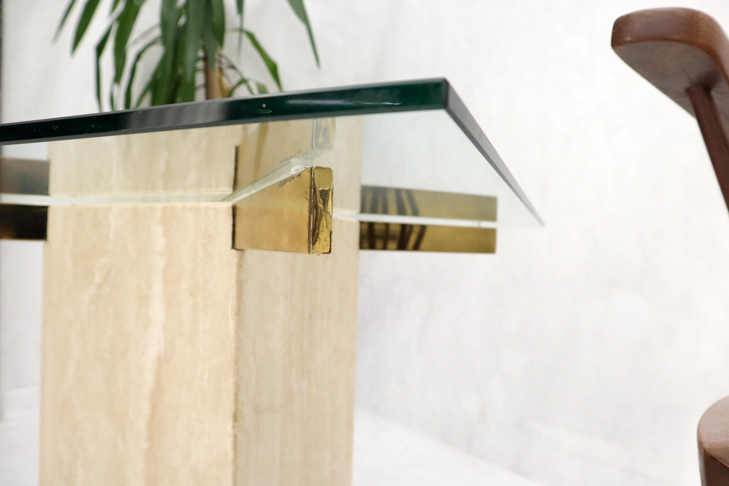 EstablishedLines Pair of Mid-Century Modern Travertine & Brass Bases Square Glass Tops End Tables