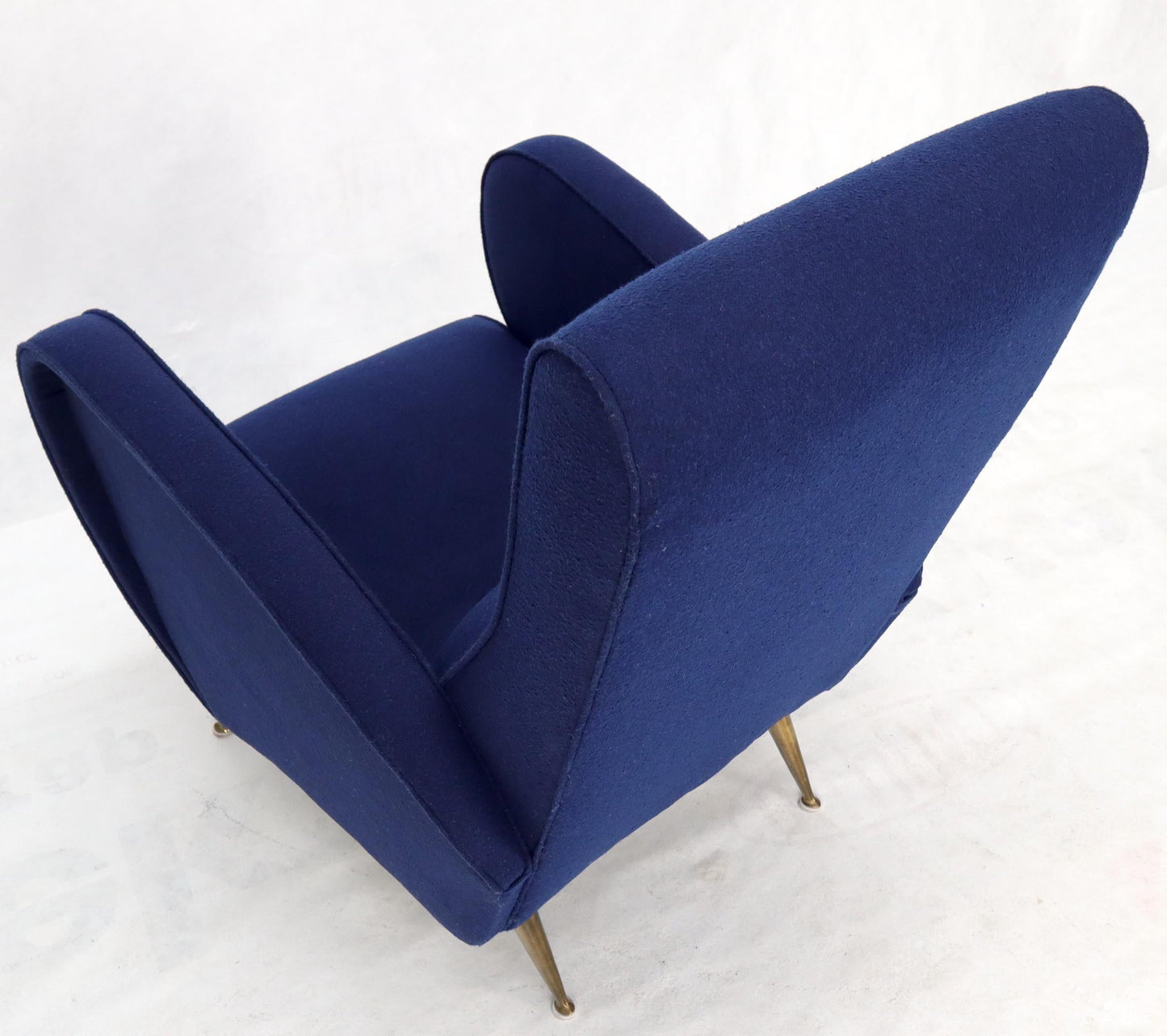 EstablishedLines New Navy Blue Upholstery Italian Mid-Century Modern Lounge Chair on Brass Legs