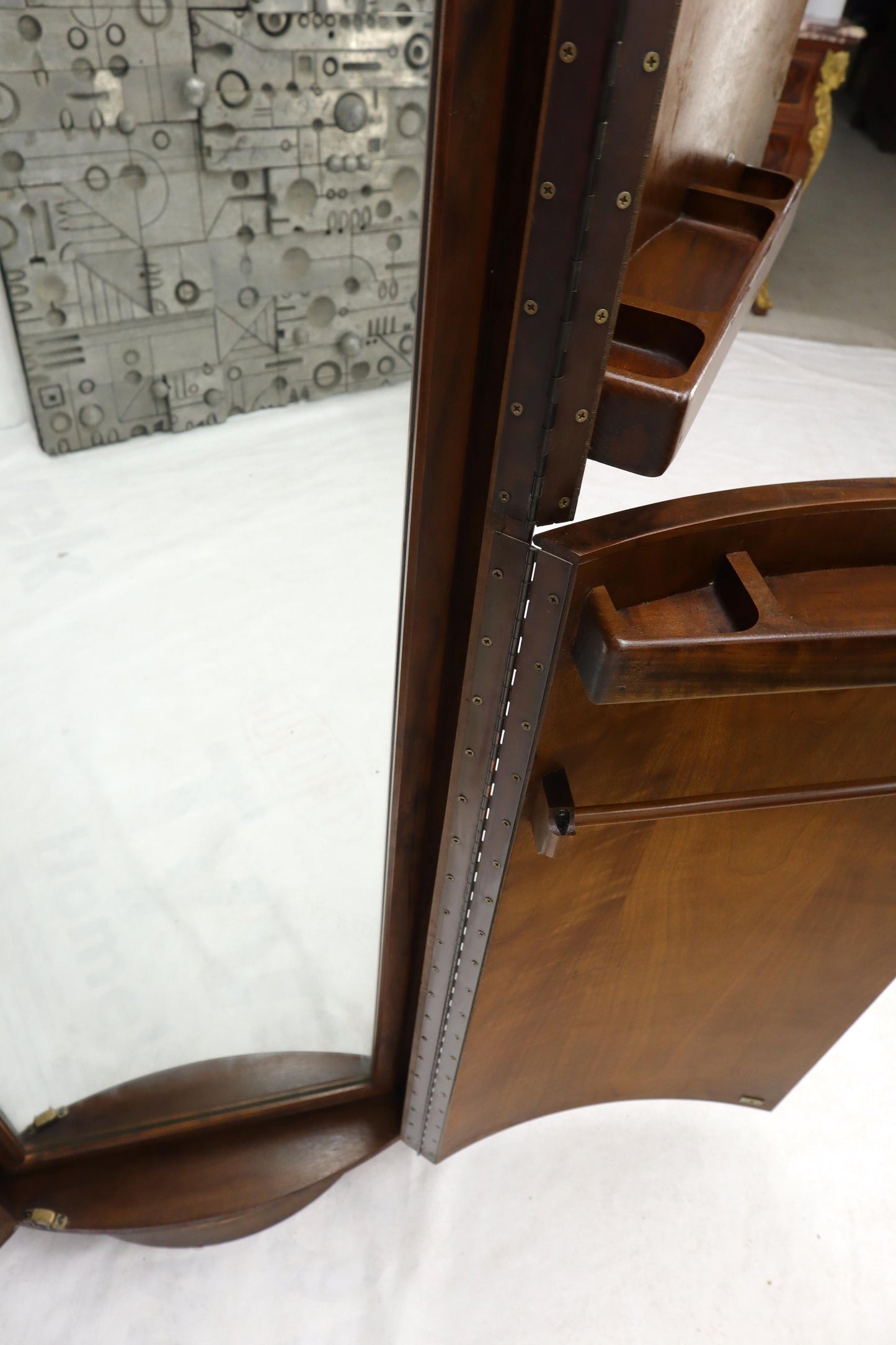 EstablishedLines Unusual Double Sided Swivel Cylinder Shape Dresser Cheval Mirror Combo Cabinet