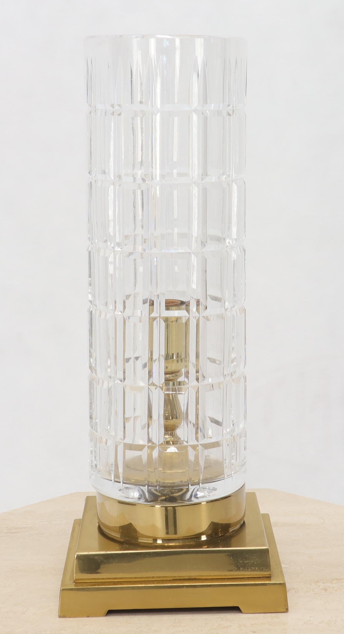 EstablishedLines Cut Crystal Cylinder Shape Brass Square Base Bracket Legs Tables Lamp