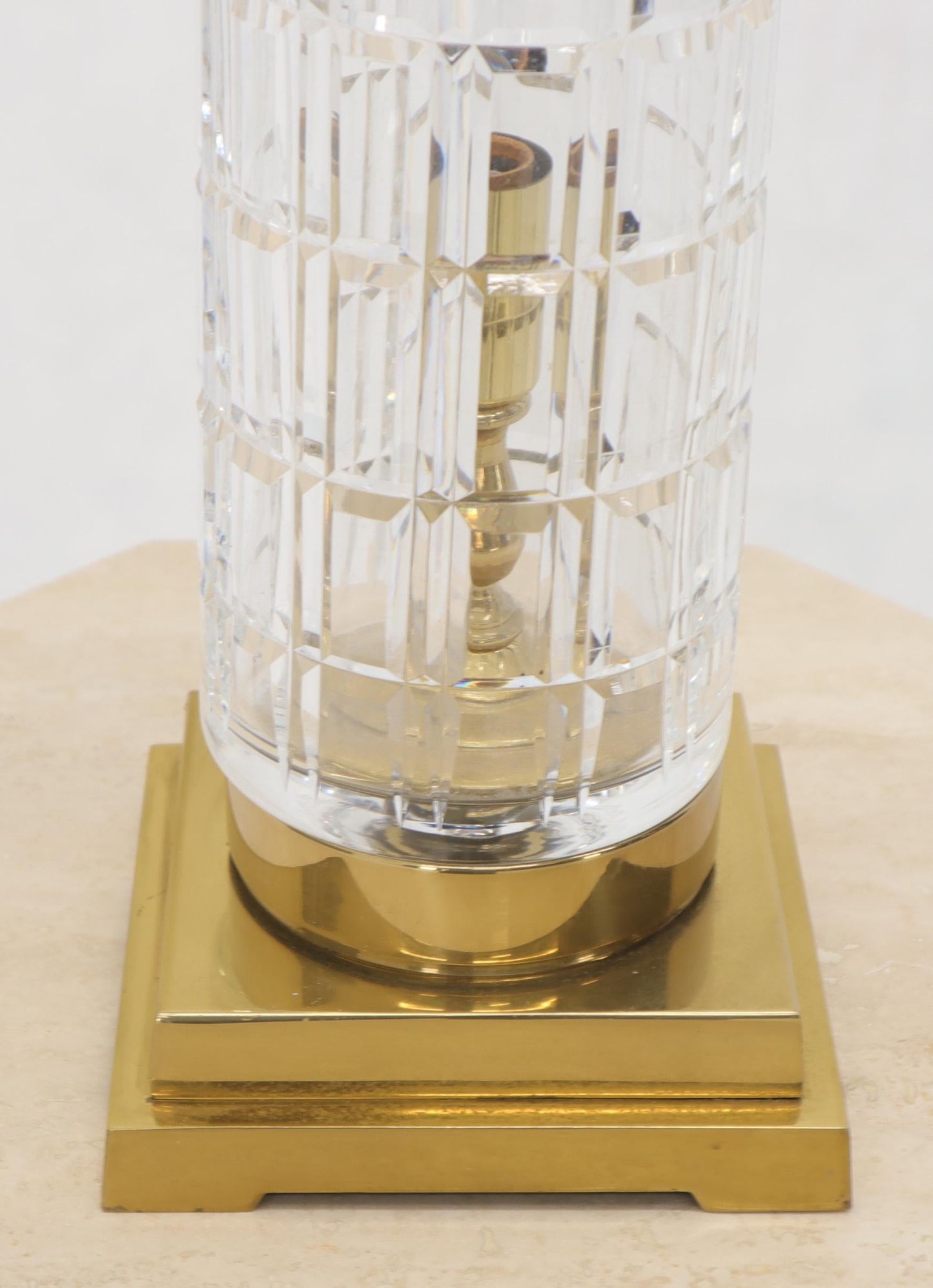 EstablishedLines Cut Crystal Cylinder Shape Brass Square Base Bracket Legs Tables Lamp