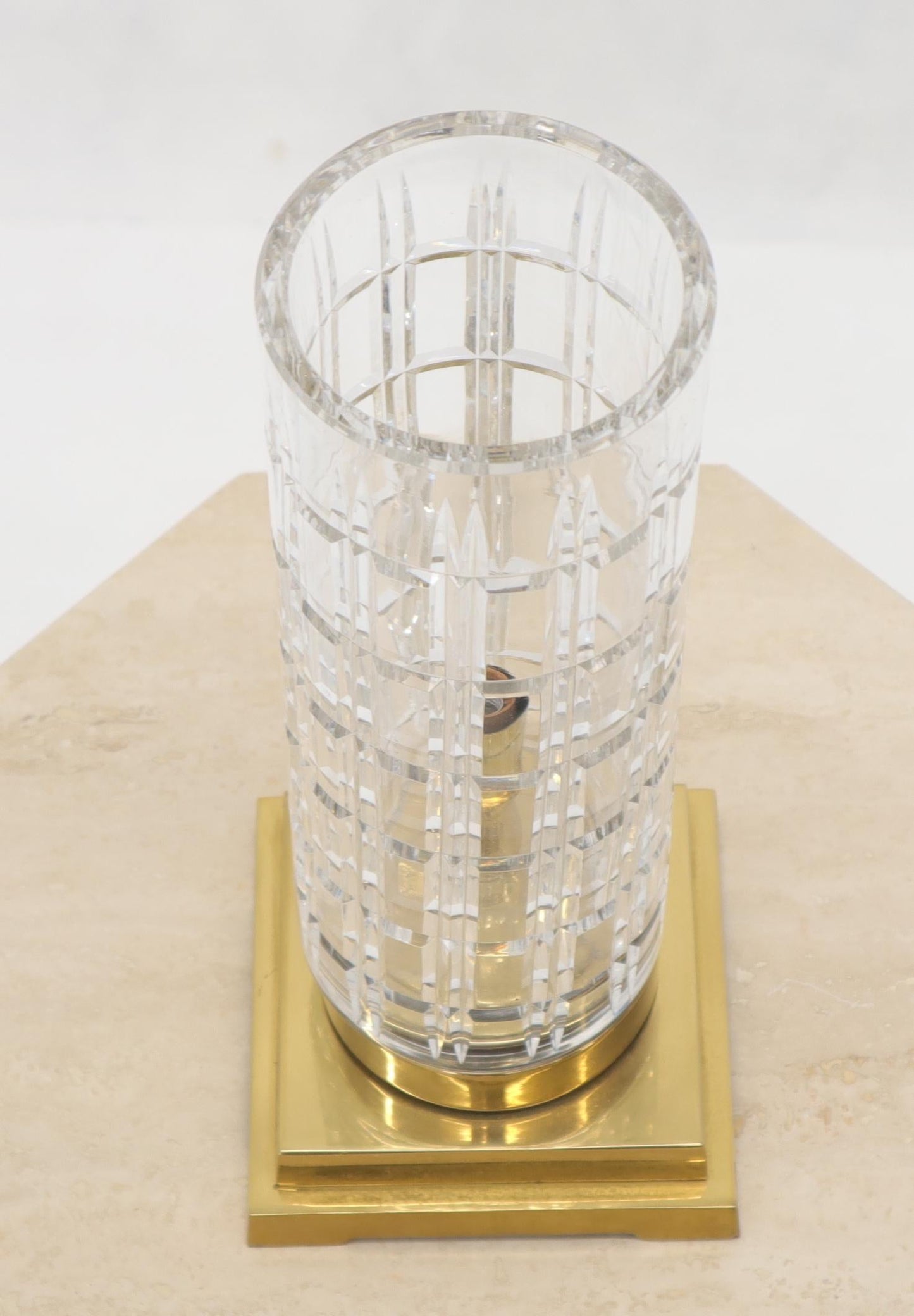 EstablishedLines Cut Crystal Cylinder Shape Brass Square Base Bracket Legs Tables Lamp