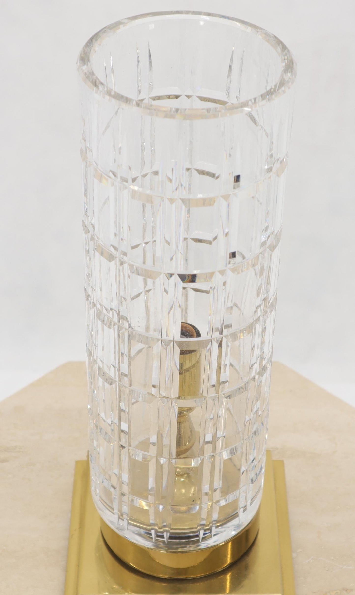 EstablishedLines Cut Crystal Cylinder Shape Brass Square Base Bracket Legs Tables Lamp
