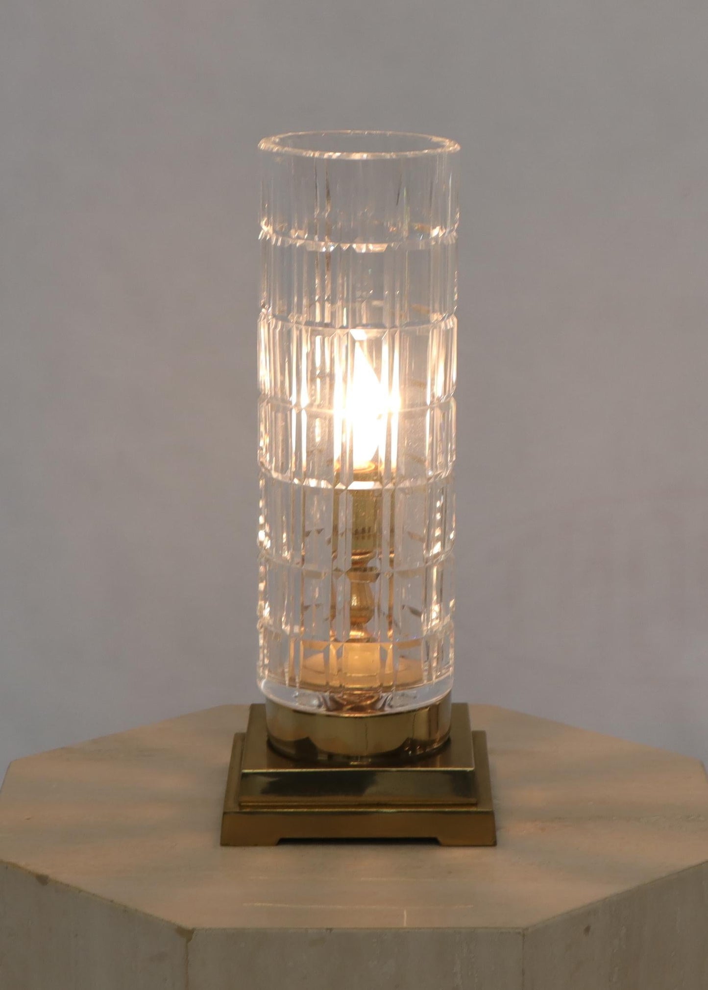 EstablishedLines Cut Crystal Cylinder Shape Brass Square Base Bracket Legs Tables Lamp