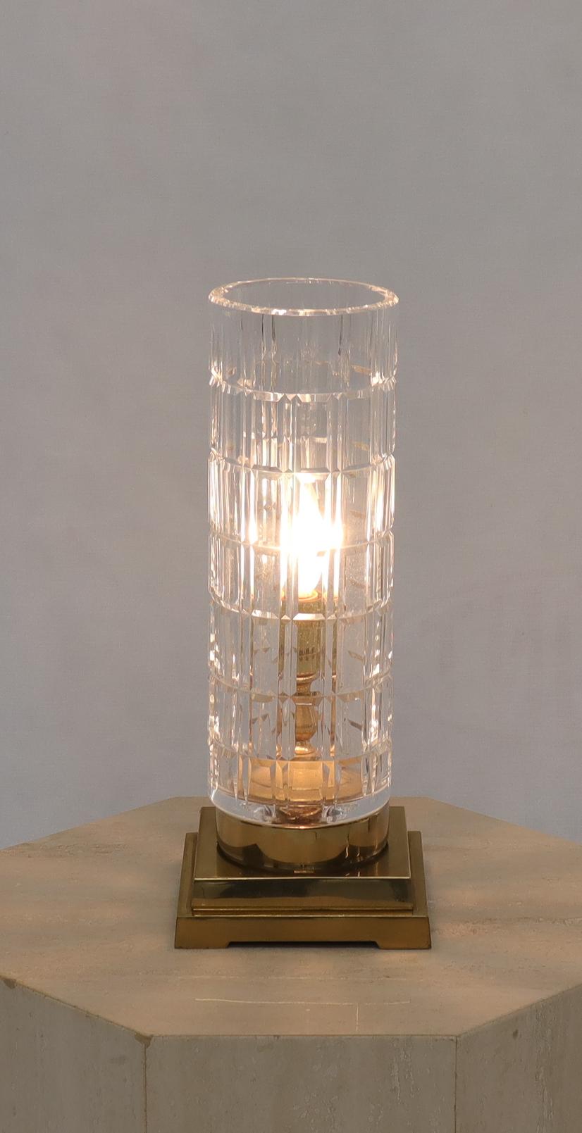 EstablishedLines Cut Crystal Cylinder Shape Brass Square Base Bracket Legs Tables Lamp