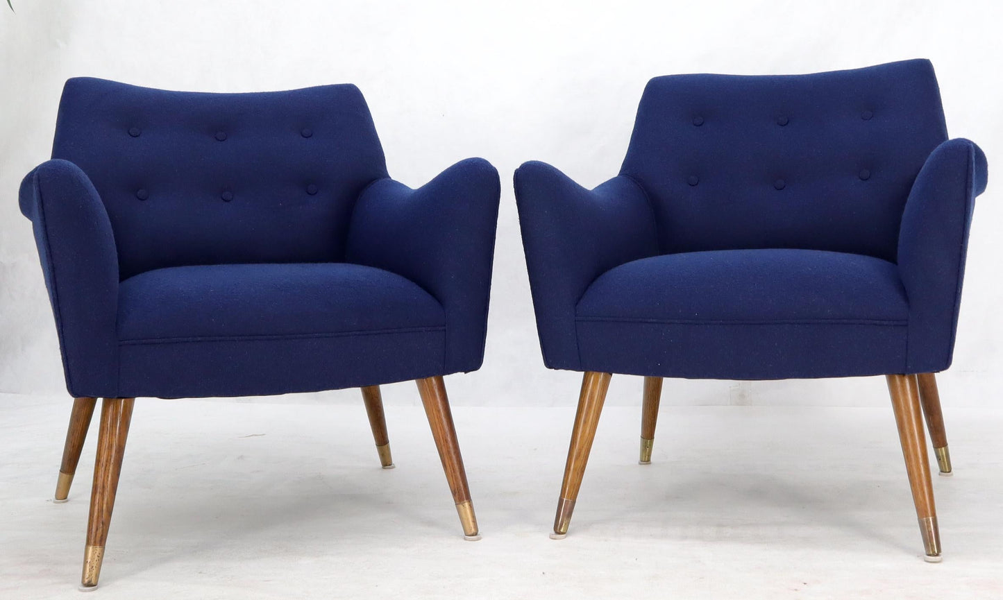 EstablishedLines Pair of Navy Blue Mid-Century Modern Lounge Arm Chairs on Tapered Dowel Legs