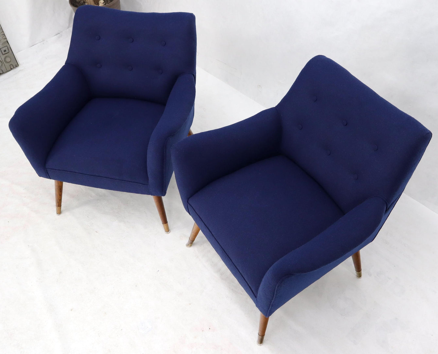 EstablishedLines Pair of Navy Blue Mid-Century Modern Lounge Arm Chairs on Tapered Dowel Legs
