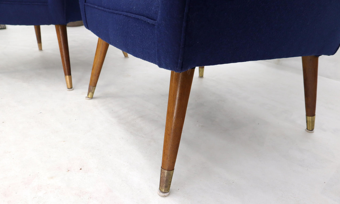 EstablishedLines Pair of Navy Blue Mid-Century Modern Lounge Arm Chairs on Tapered Dowel Legs