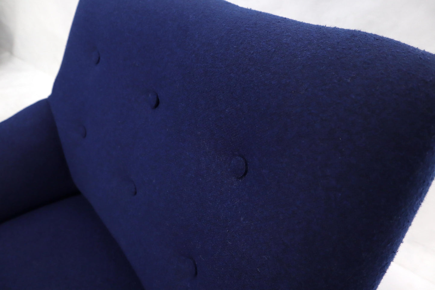 EstablishedLines Pair of Navy Blue Mid-Century Modern Lounge Arm Chairs on Tapered Dowel Legs