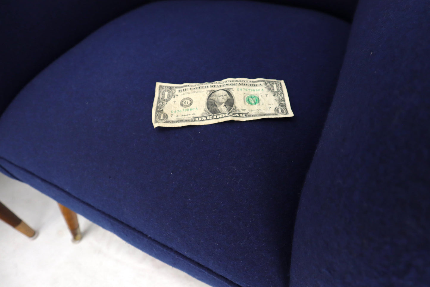 EstablishedLines Pair of Navy Blue Mid-Century Modern Lounge Arm Chairs on Tapered Dowel Legs