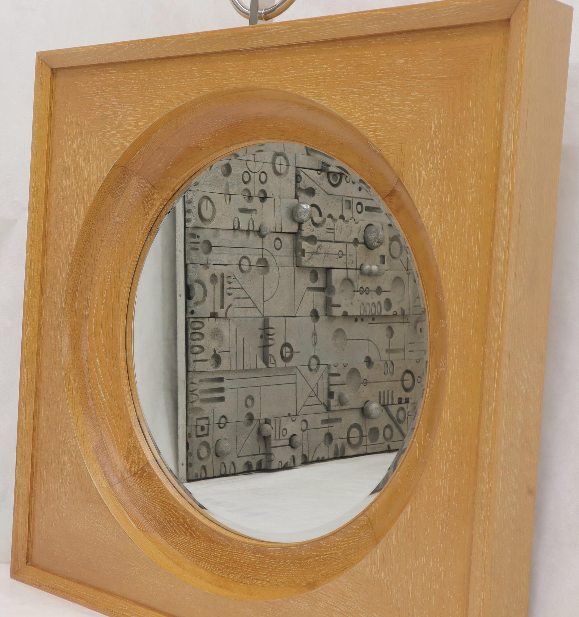EstablishedLines Large Square Cerused Oak Frame Round Wall Mirror