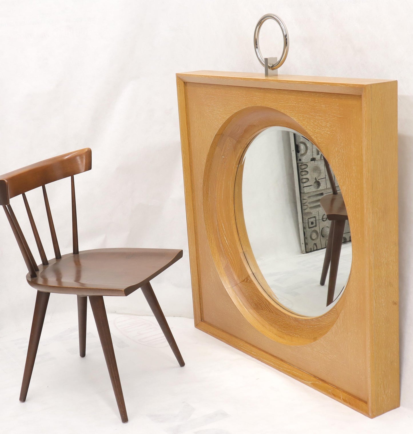 EstablishedLines Large Square Cerused Oak Frame Round Wall Mirror
