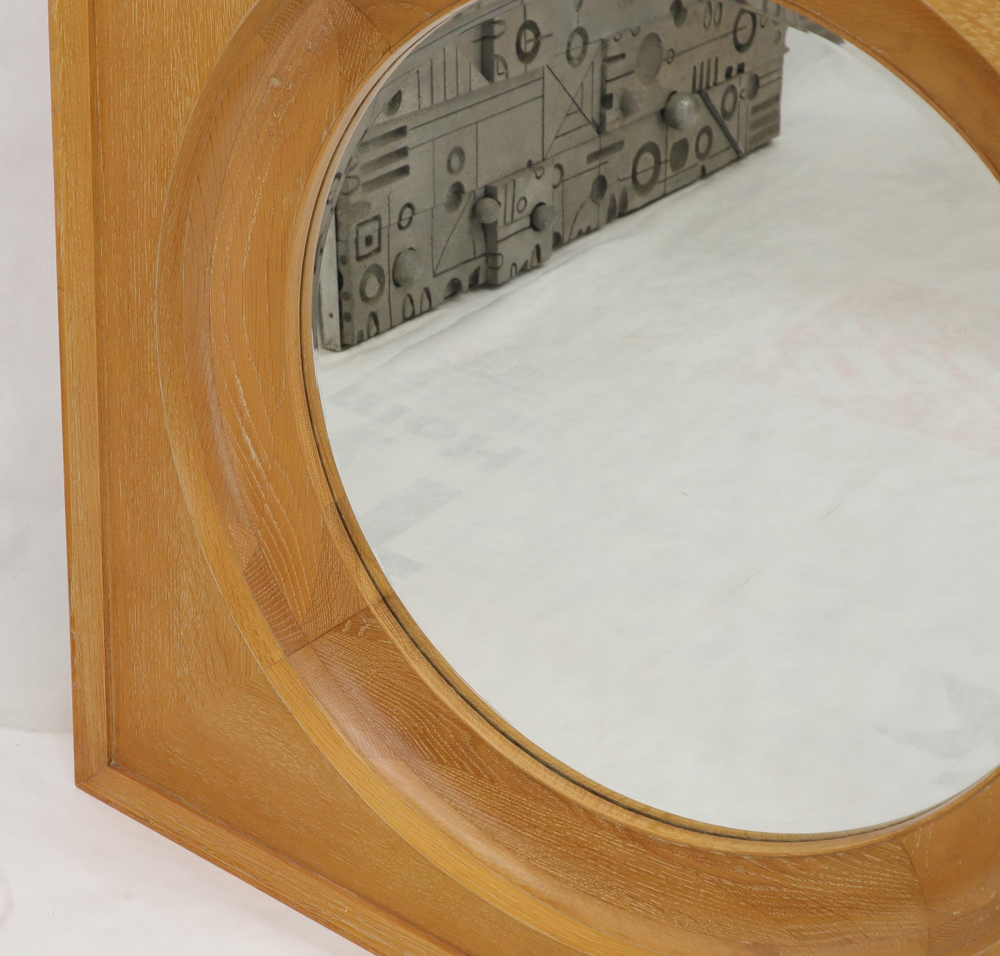 EstablishedLines Large Square Cerused Oak Frame Round Wall Mirror