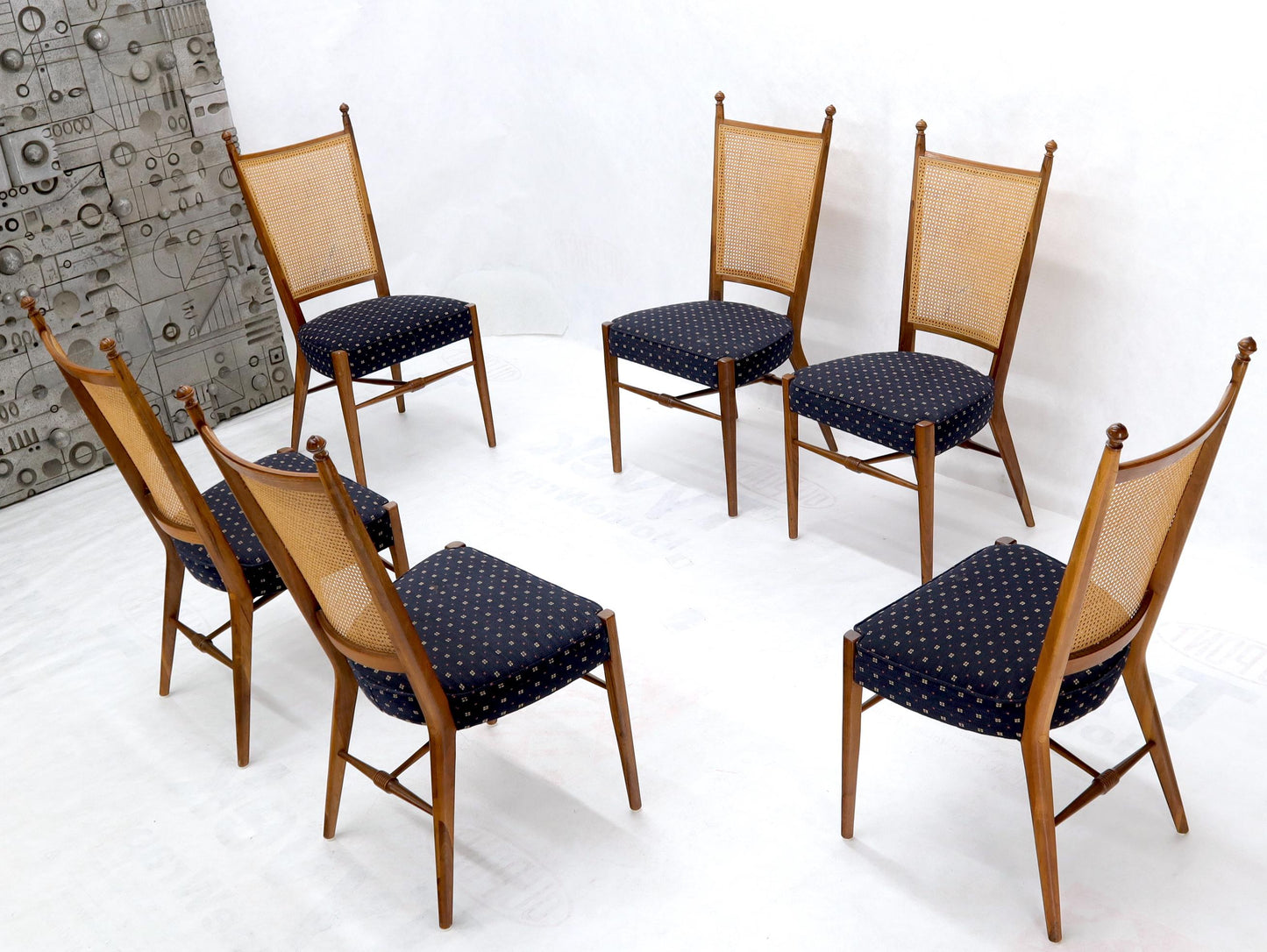 EstablishedLines Set of 6 Mid-Century Modern Sculpted Walnut Frames Cane Back Dining Chairs