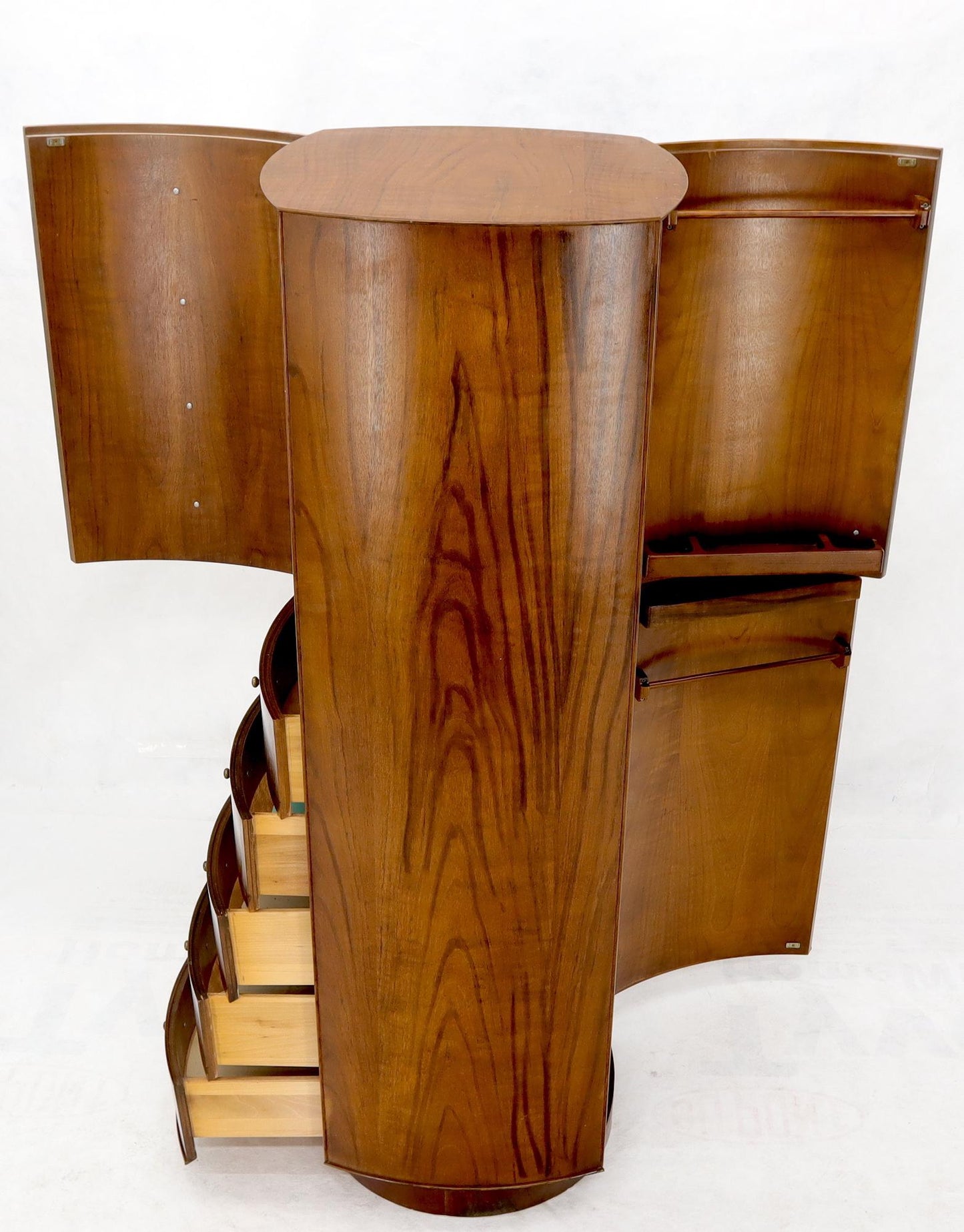 EstablishedLines Unusual Double Sided Swivel Cylinder Shape Dresser Cheval Mirror Combo Cabinet
