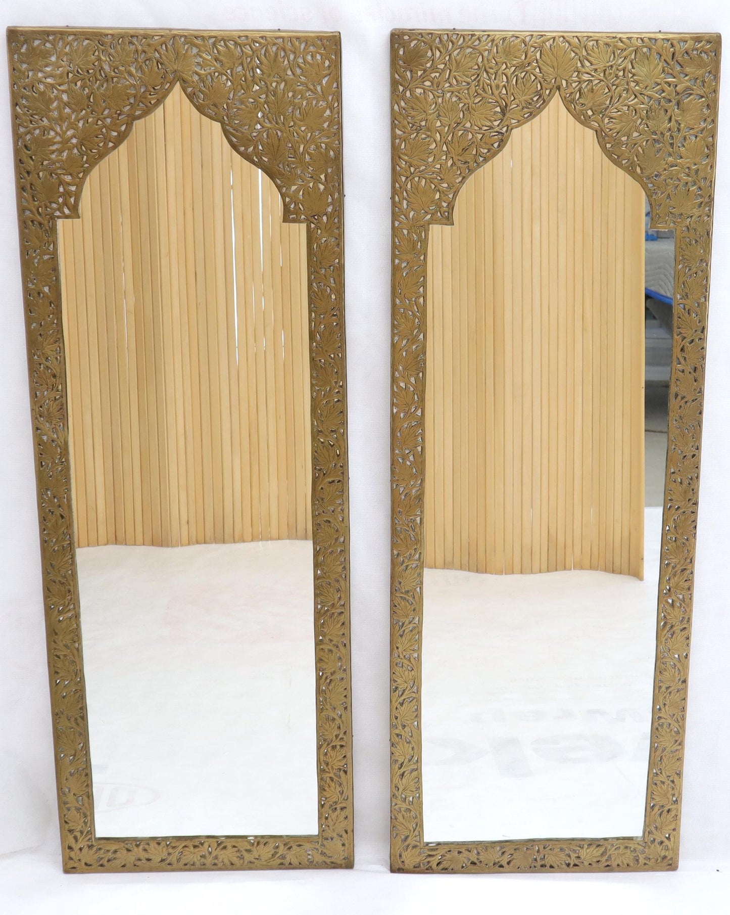 EstablishedLines Pair of Large Rectangular Shape Pierced Minted Brass Frames Mirrors