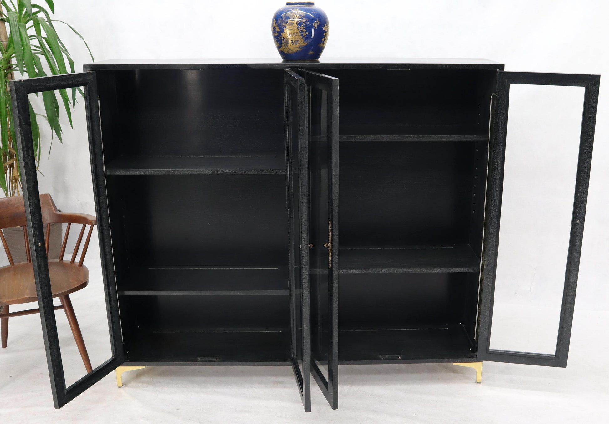 EstablishedLines Large Mid-Century Modern Ebonized and Cerused Walnut Four Doors Bookcase