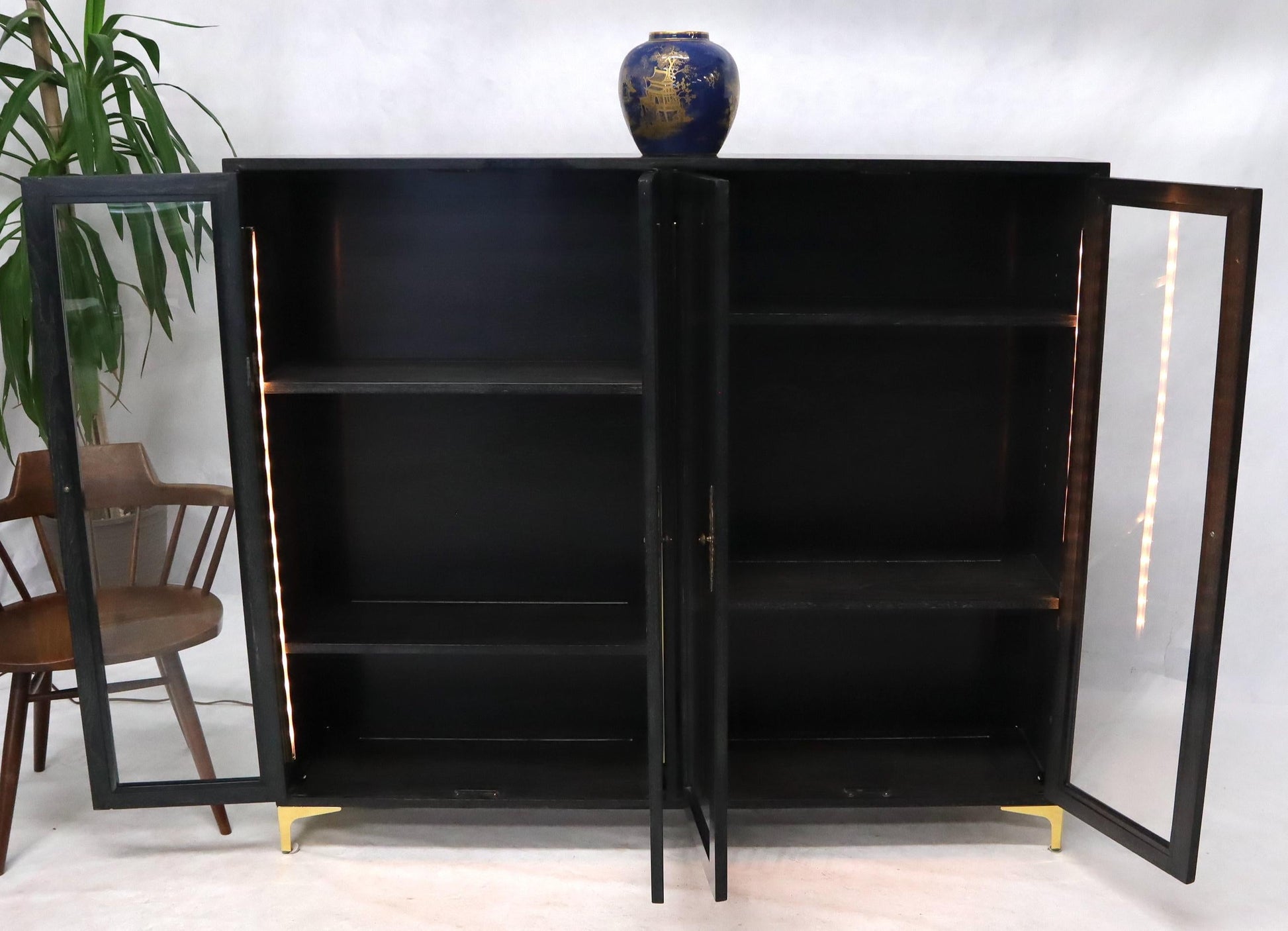 EstablishedLines Large Mid-Century Modern Ebonized and Cerused Walnut Four Doors Bookcase