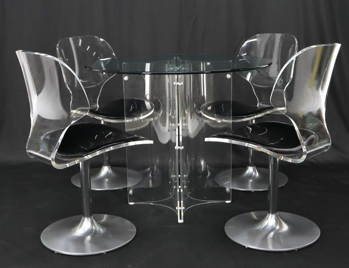 EstablishedLines Tulip Chrome Base Lucite Seats Set of 4 Chairs Dining Table with Glass Round Top