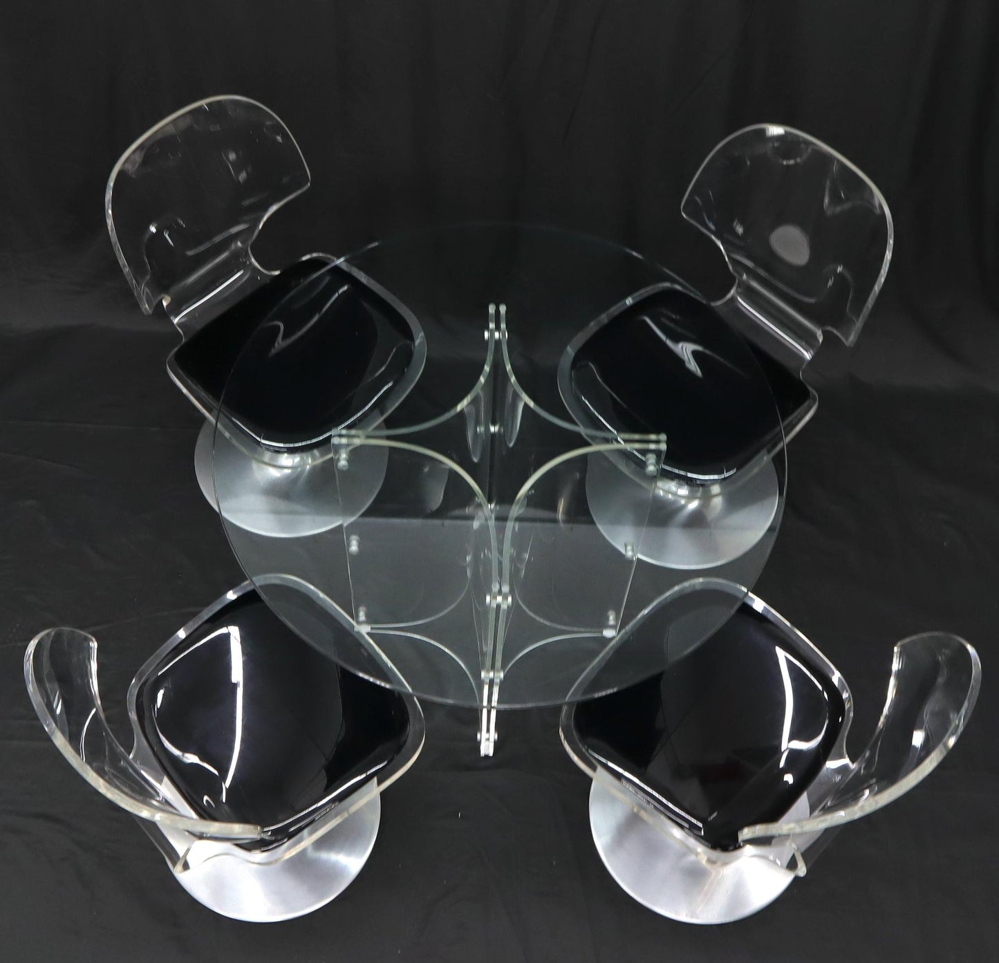 EstablishedLines Tulip Chrome Base Lucite Seats Set of 4 Chairs Dining Table with Glass Round Top