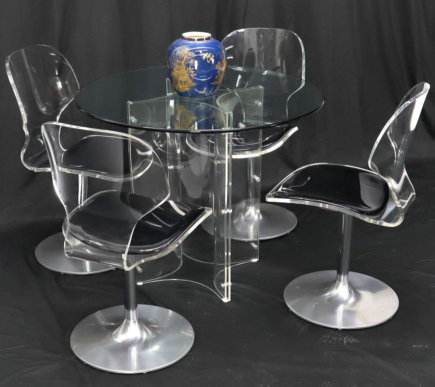EstablishedLines Tulip Chrome Base Lucite Seats Set of 4 Chairs Dining Table with Glass Round Top