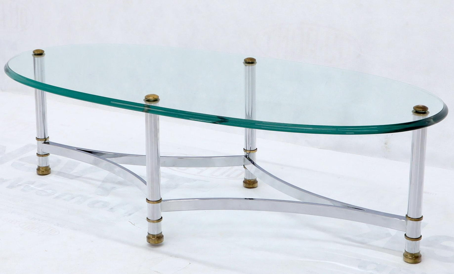 EstablishedLines Oval Mid-Century Modern Glass Top Coffee Table on Chrome Frame, Brass Accents