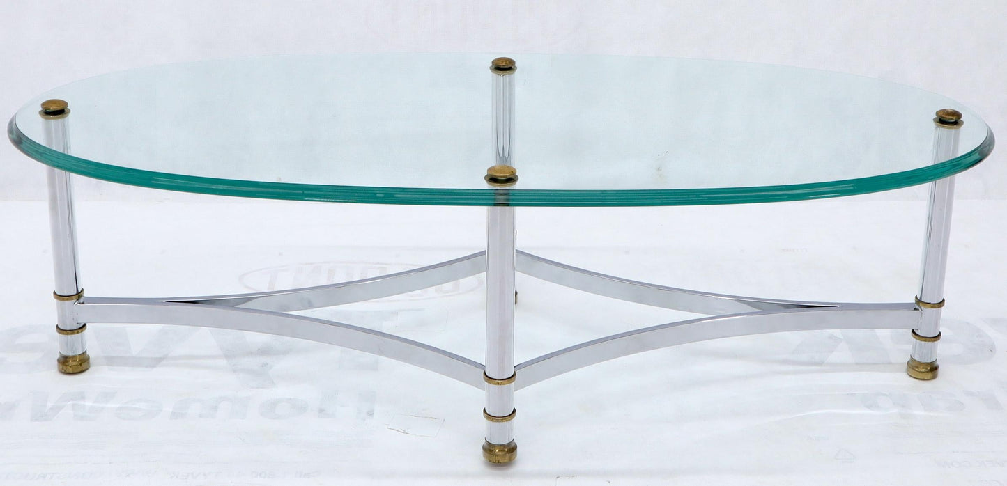EstablishedLines Oval Mid-Century Modern Glass Top Coffee Table on Chrome Frame, Brass Accents