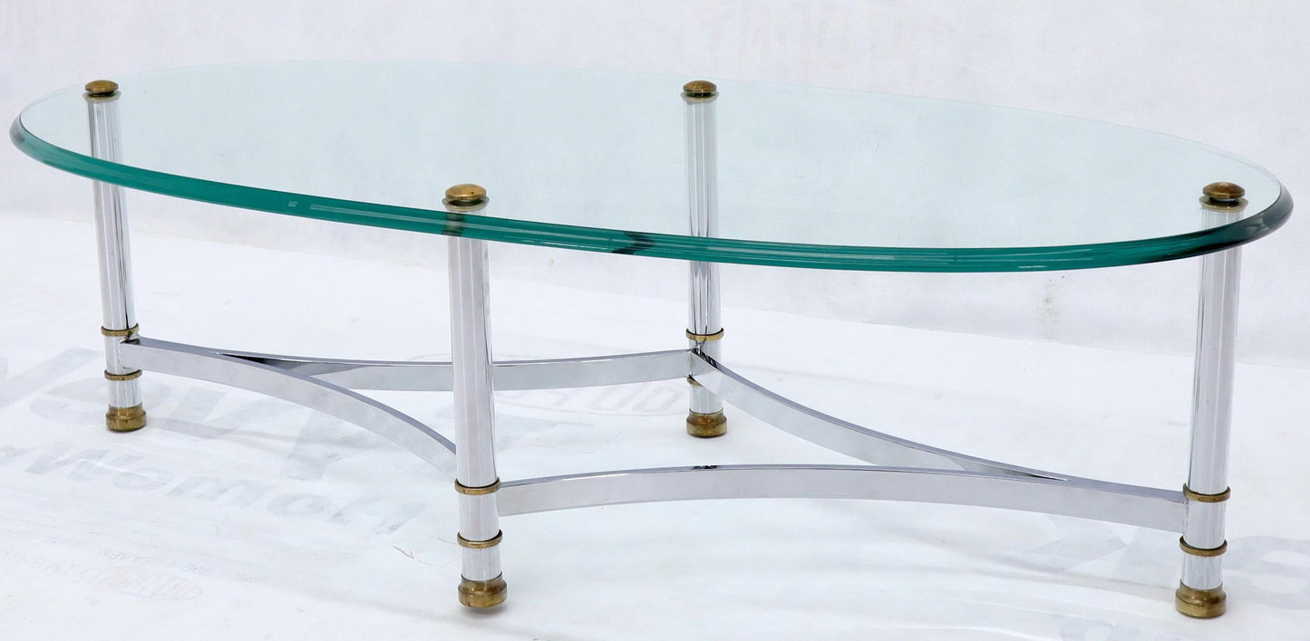 EstablishedLines Oval Mid-Century Modern Glass Top Coffee Table on Chrome Frame, Brass Accents