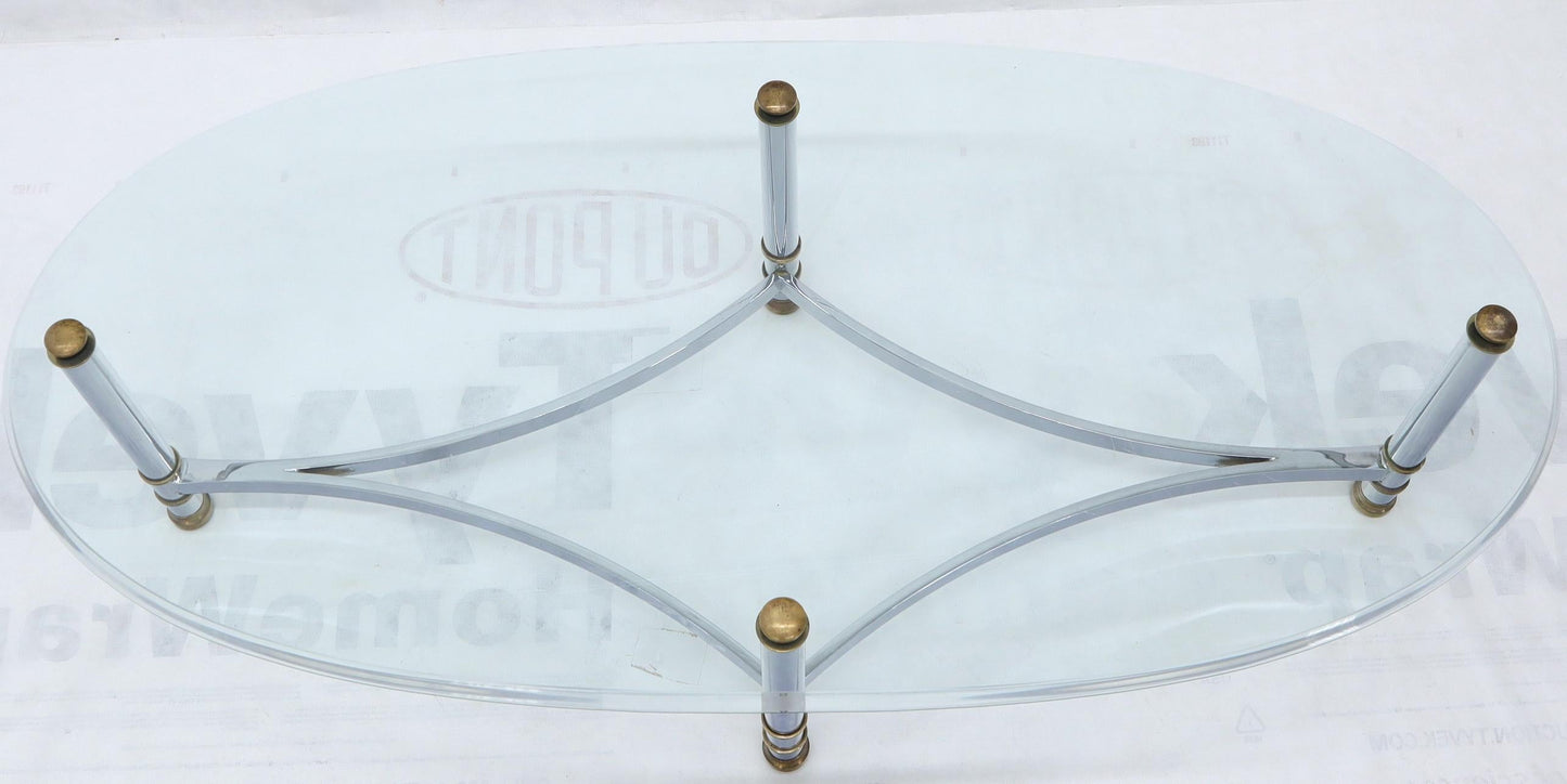 EstablishedLines Oval Mid-Century Modern Glass Top Coffee Table on Chrome Frame, Brass Accents
