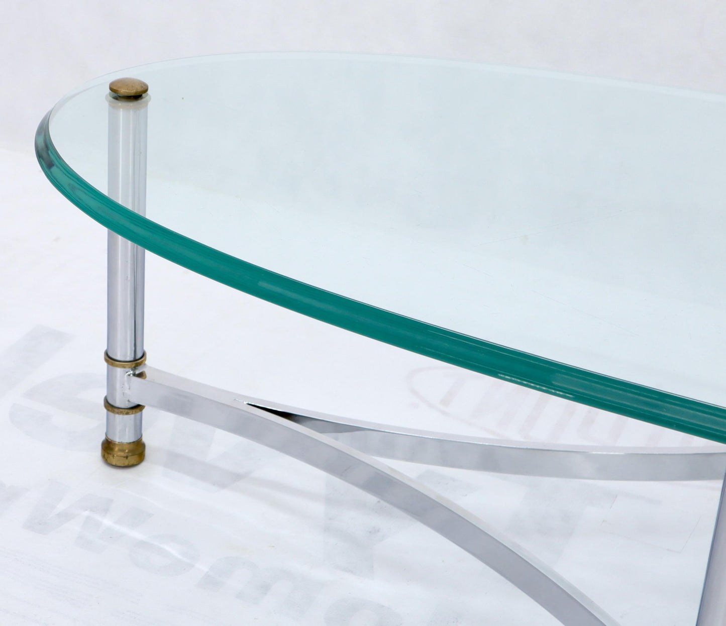 EstablishedLines Oval Mid-Century Modern Glass Top Coffee Table on Chrome Frame, Brass Accents