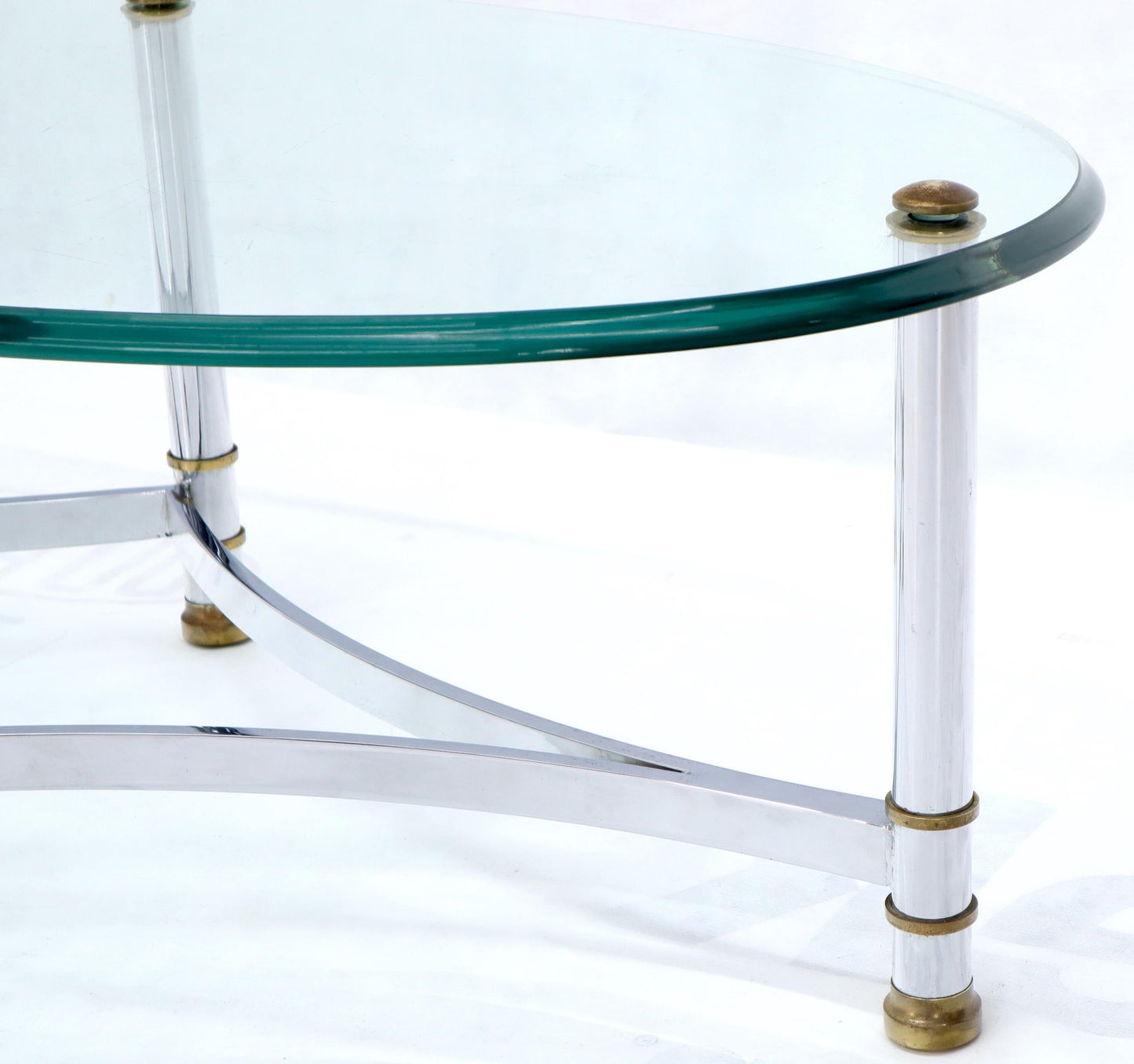 EstablishedLines Oval Mid-Century Modern Glass Top Coffee Table on Chrome Frame, Brass Accents