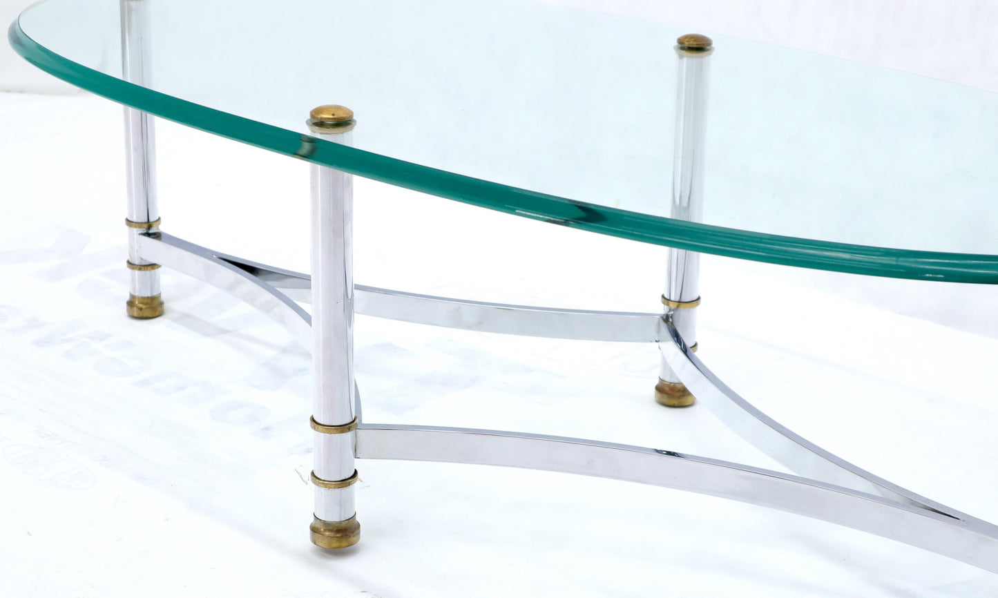EstablishedLines Oval Mid-Century Modern Glass Top Coffee Table on Chrome Frame, Brass Accents