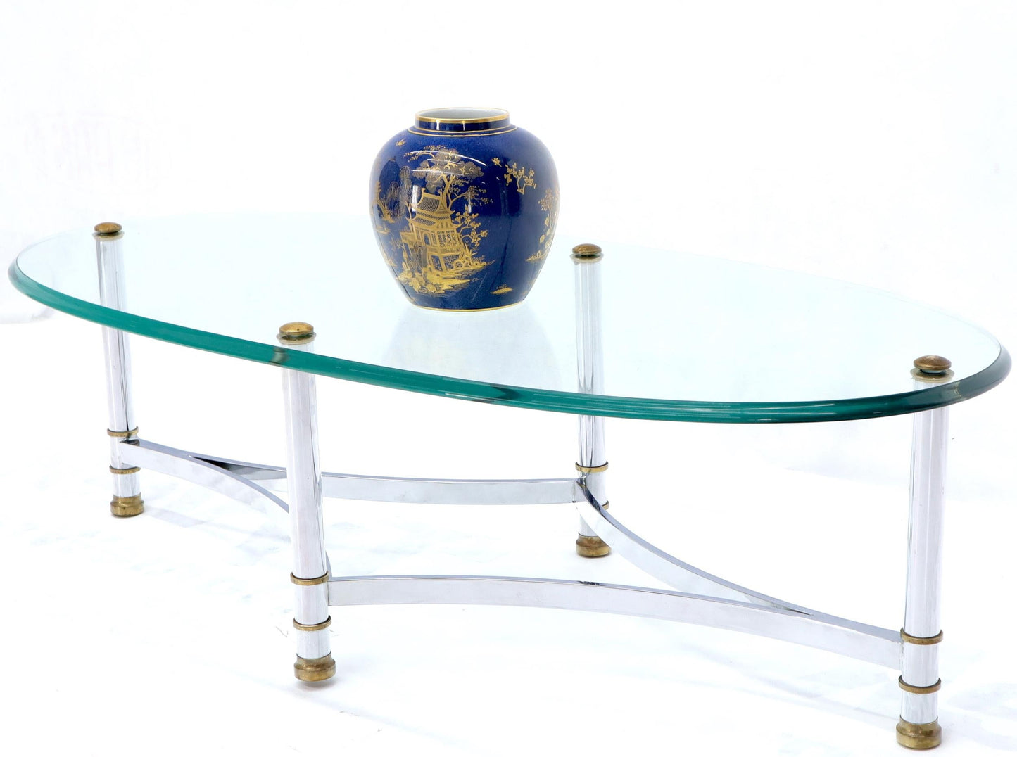 EstablishedLines Oval Mid-Century Modern Glass Top Coffee Table on Chrome Frame, Brass Accents