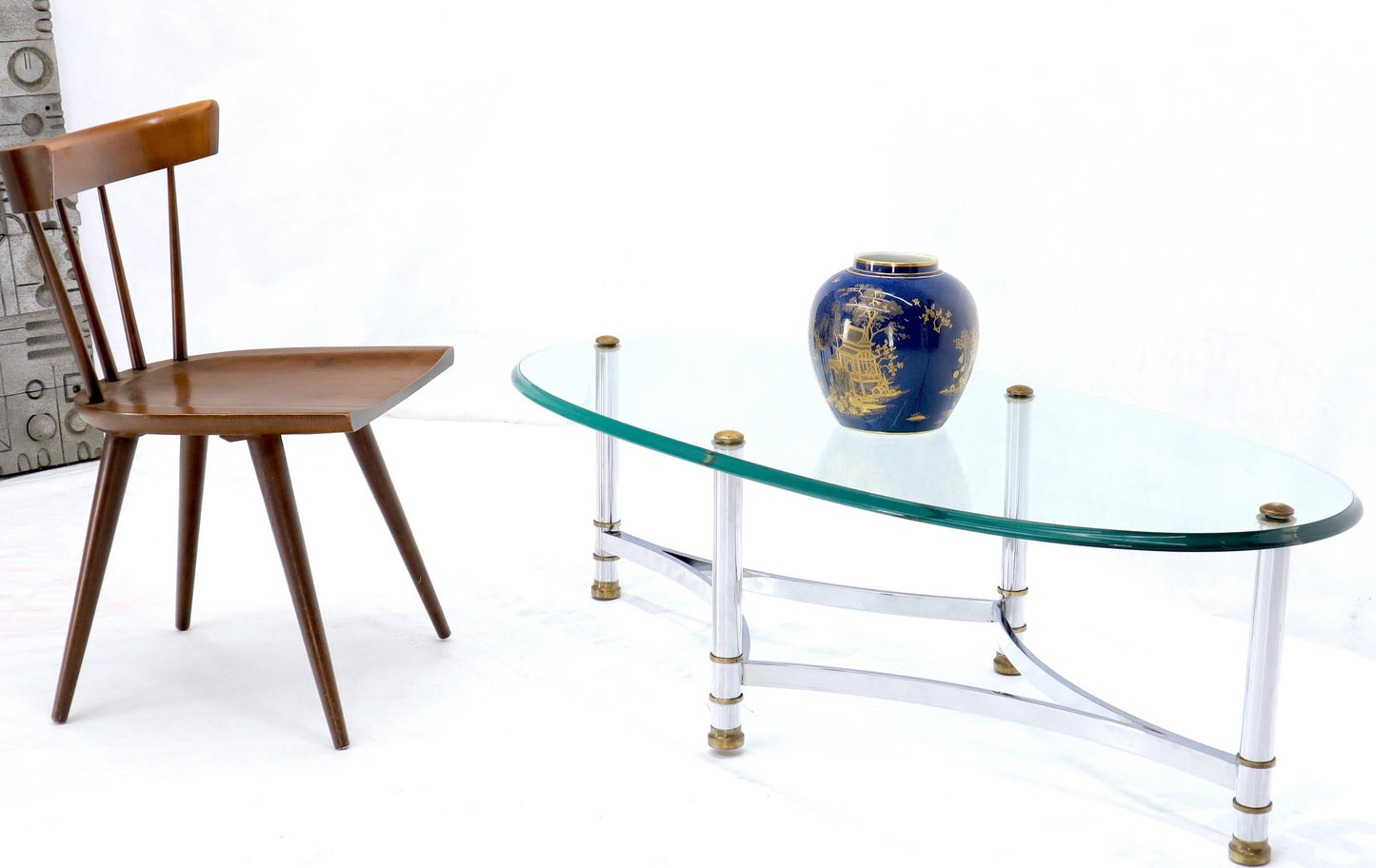EstablishedLines Oval Mid-Century Modern Glass Top Coffee Table on Chrome Frame, Brass Accents